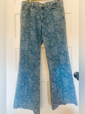 PAIGE Blue Floral Wide Leg Denim Jeans Sonja